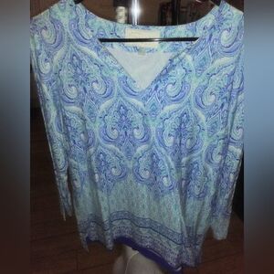 PAPPAGALLO LONG SLEEVE BLUE PAISLEY V NECK SHIRT SIZE PL
